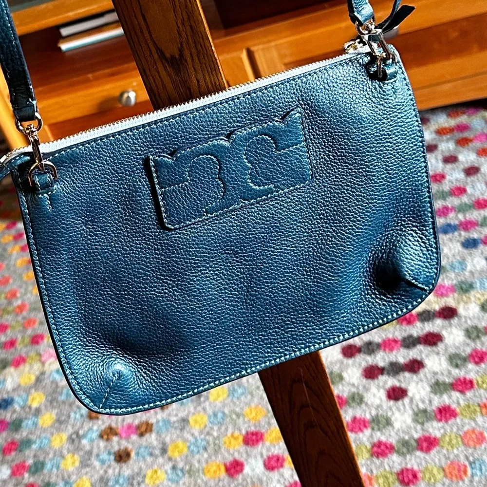 Tory Burch slim crossbody teal with removable tassel fisherman’s bobber tassel